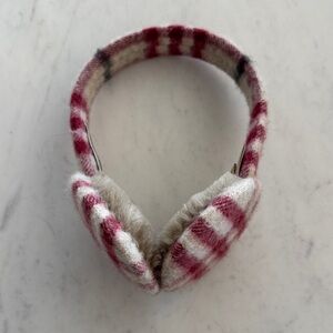 Burberry Plaid Fuzzy Ear Muffs in Cream and Berry
